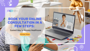 The image shows a person in a blue medical uniform, sitting at a desk and holding a tablet, with a computer screen visible in the background displaying a healthcare consultation interface, highlighting same-day consultation availability.